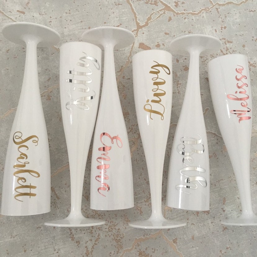 White Champagne Flutes, Custom Flutes for Hen Party, Wedding Morning Drinks, Bridesmaid Proposal Gift for Box,Named Glasses for Bachelorette
