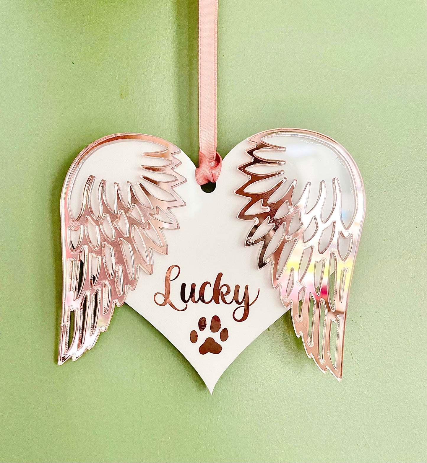 Personalised Rose gold angel wings christmas tree decoration for pet loss, memory of pet dog gift, named dog decorations
