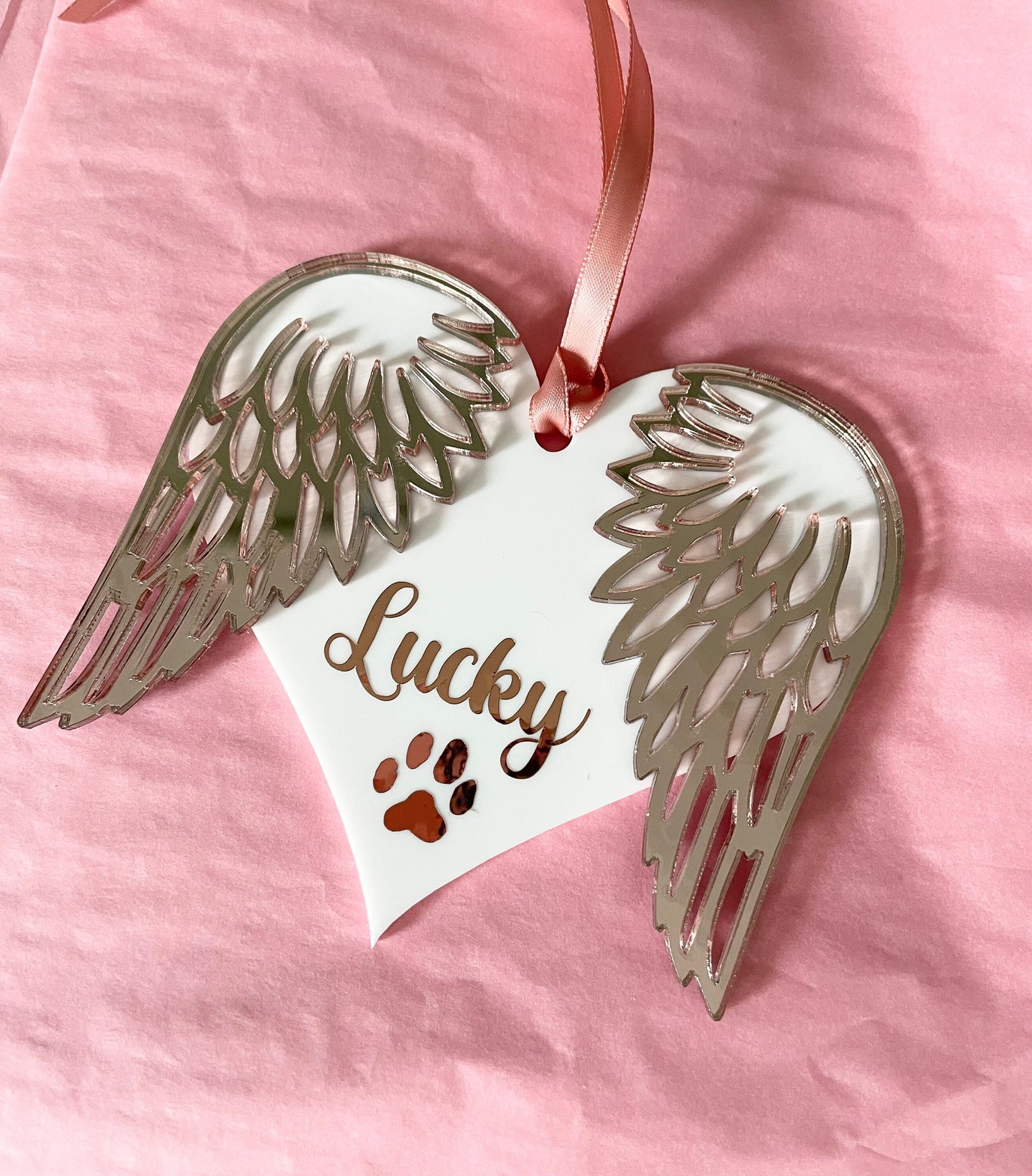 Personalised Rose gold angel wings christmas tree decoration for pet loss, memory of pet dog gift, named dog decorations