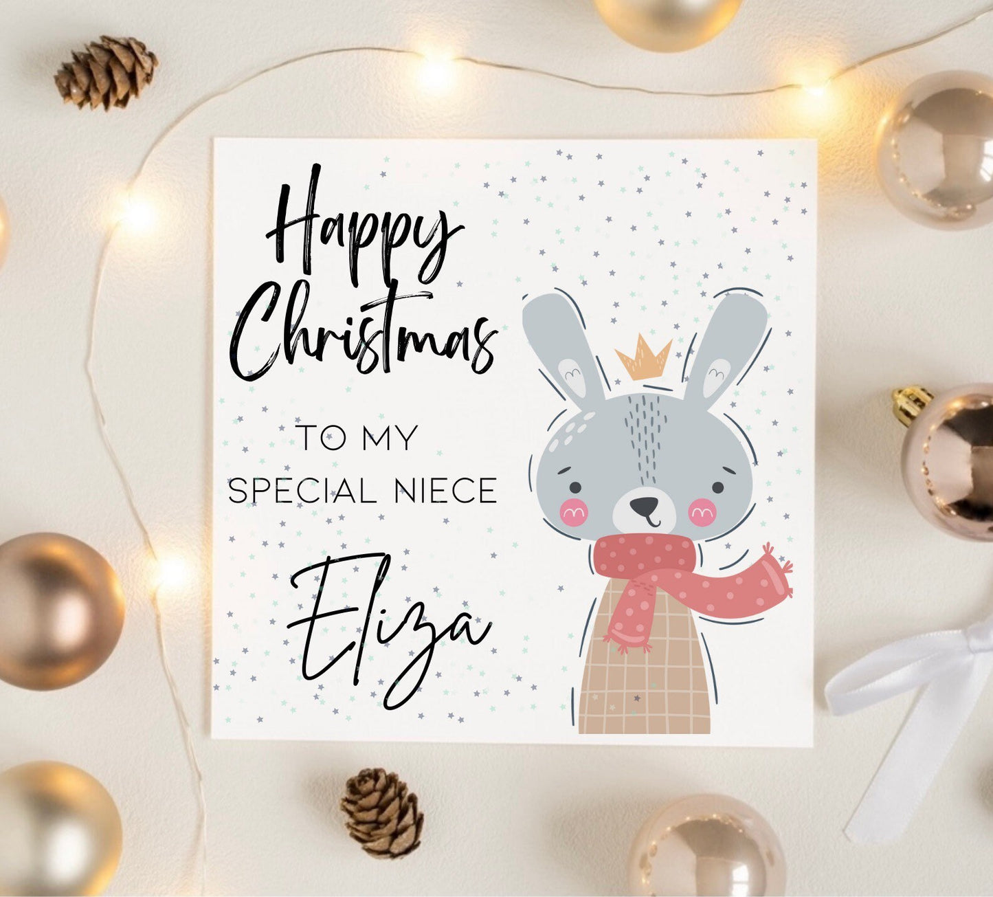 Christmas card For niece, festive rabbit design Christmas cards from auntie to niece, niece and nephew Xmas cards