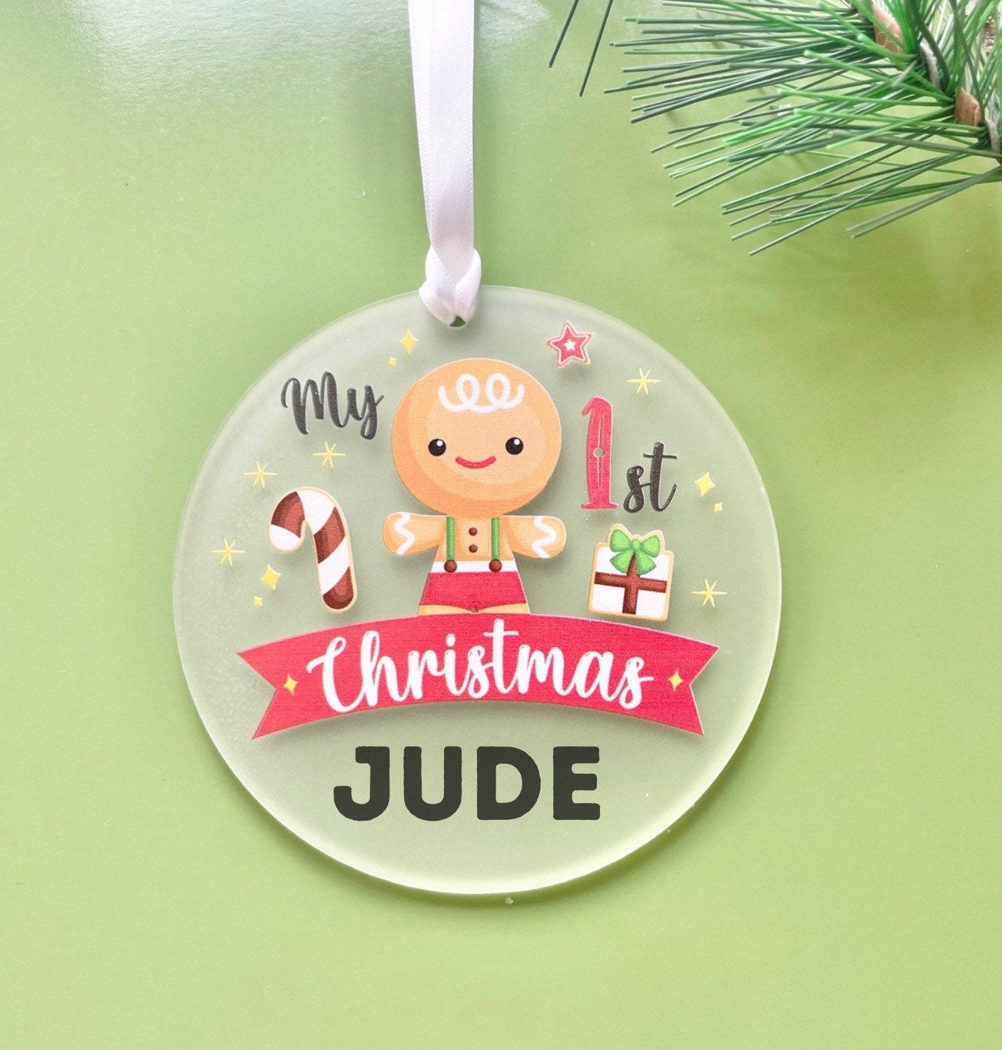 Baby first Christmas 2023 personalised tree decoration, gingerbread boy Xmas bauble, newborn Christmas present ideas