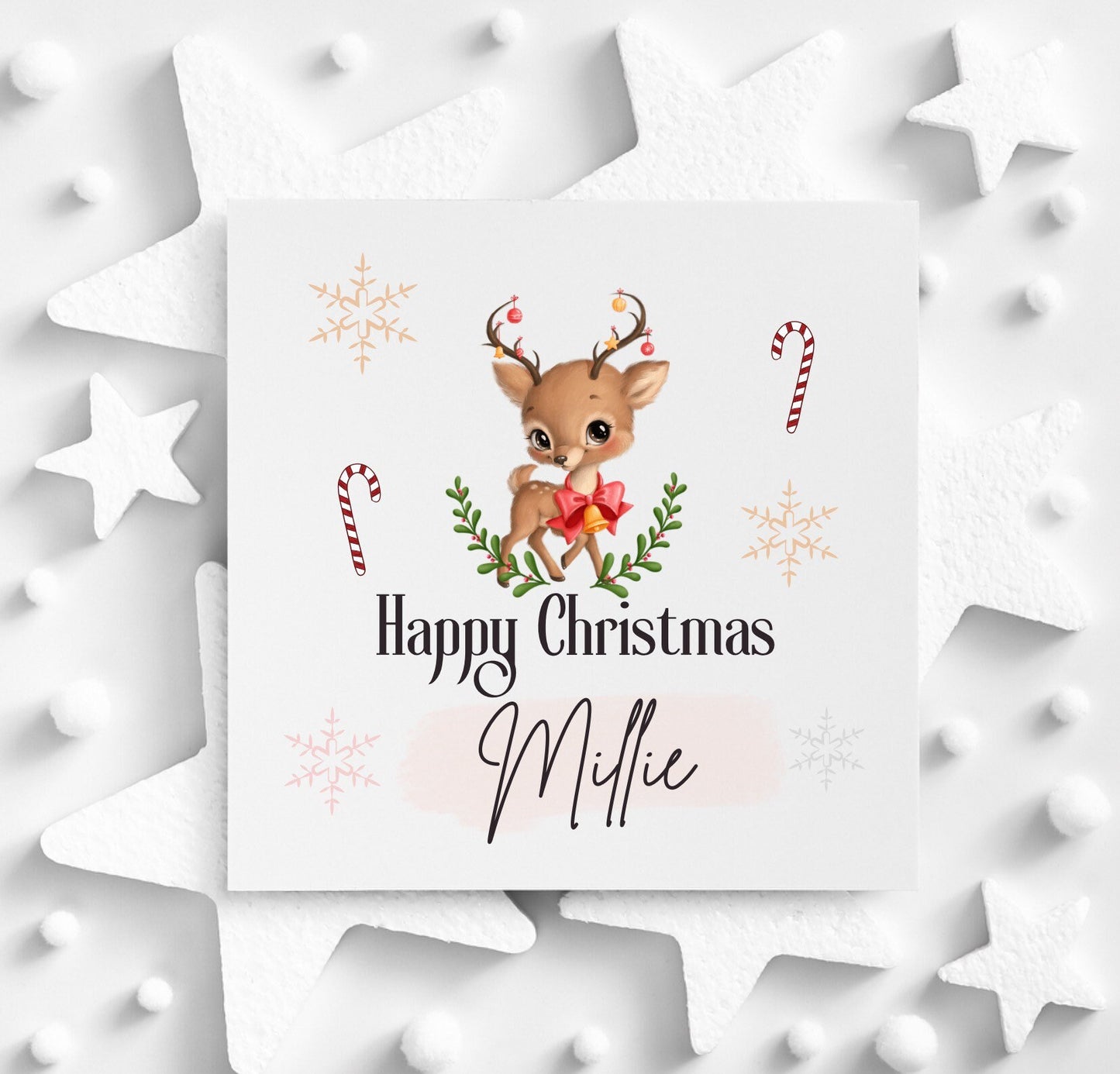 Girl reindeer merry Christmas card, daughter Xmas card, granddaughter card for first Christmas, personalised Xmas cards for girls