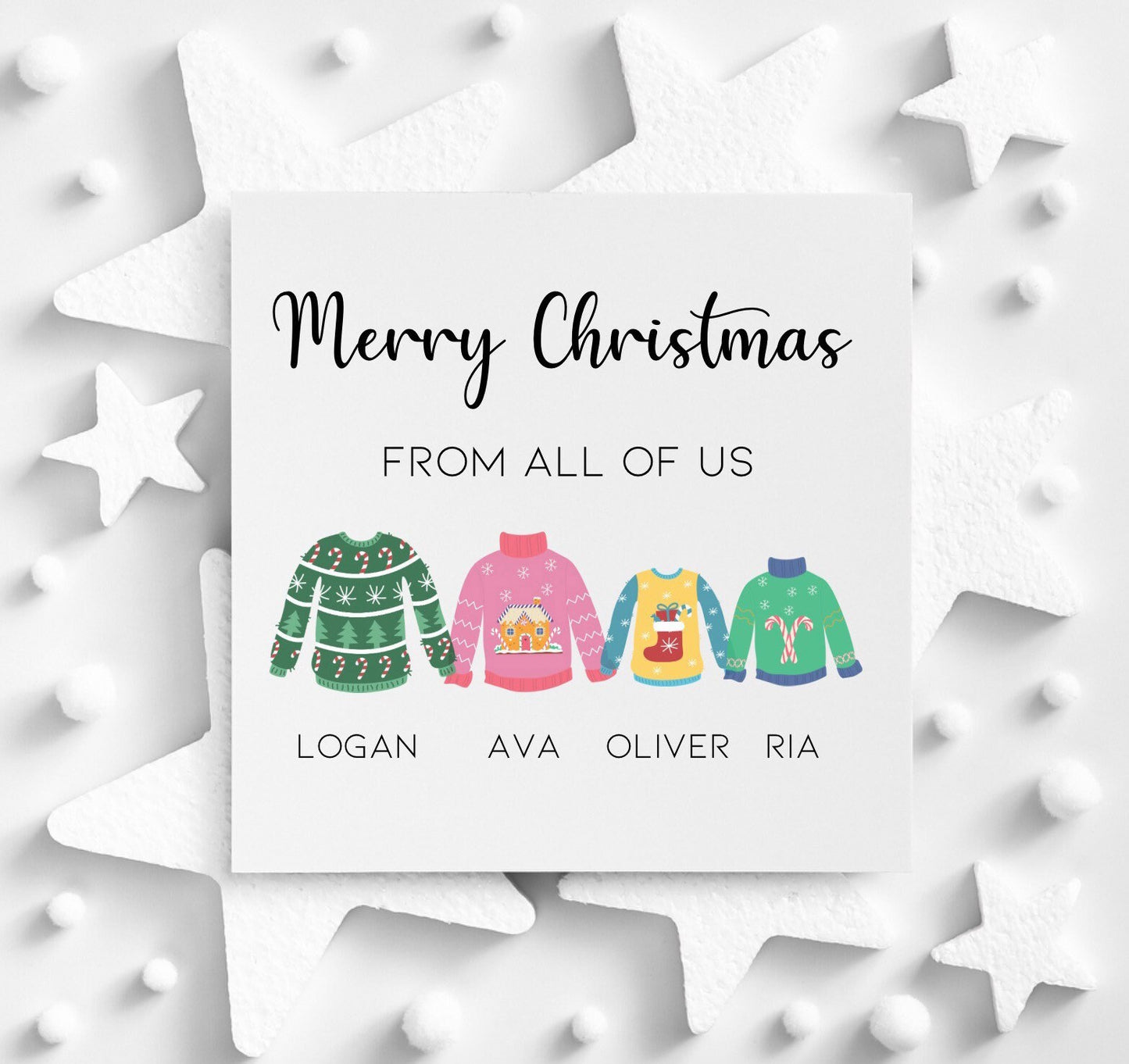 Merry Christmas from all of us, personalised family Xmas jumper cards for relatives, neighbours and friends