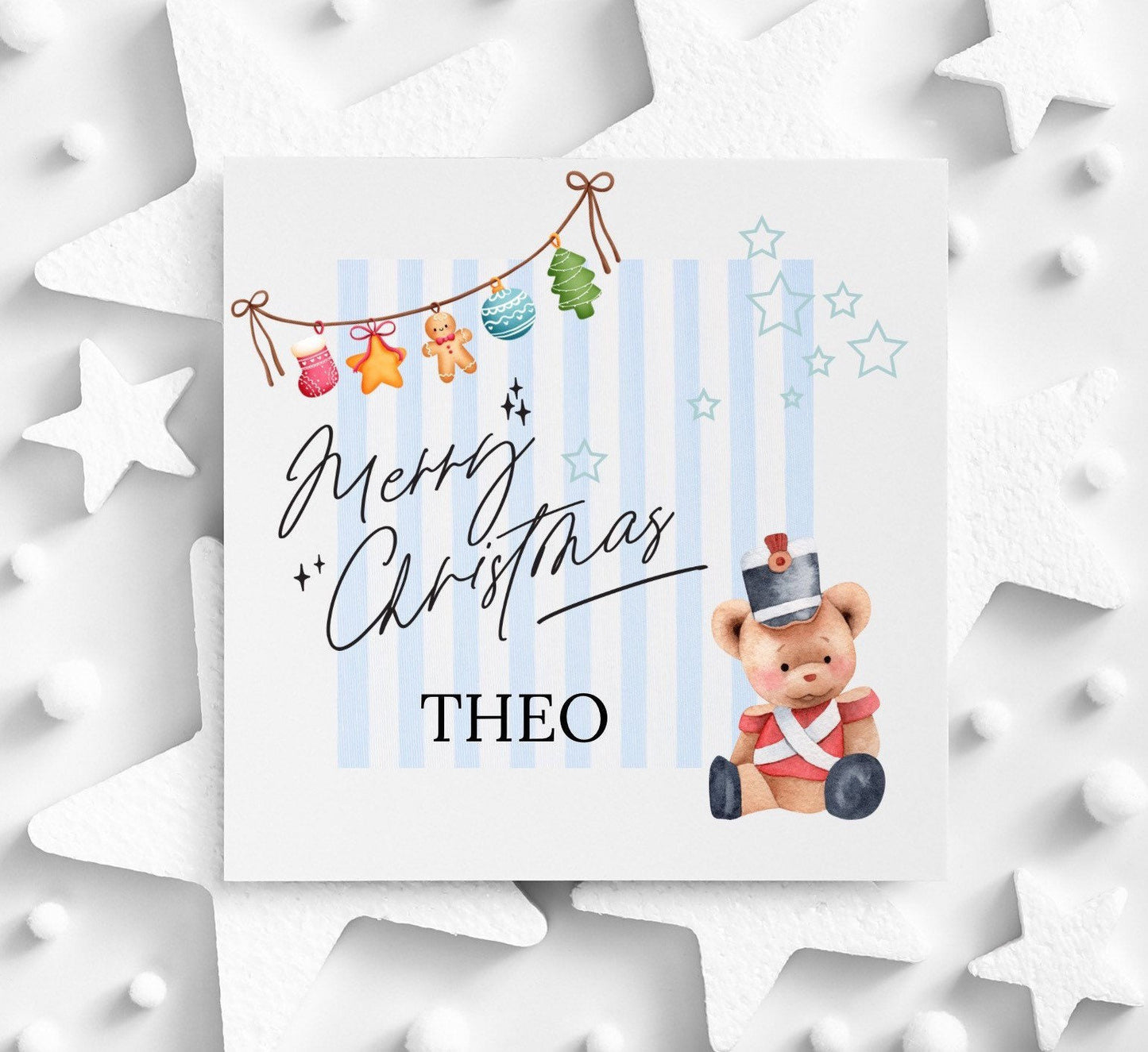Merry Christmas card, personalised childrens Xmas card, grandchild, niece or nephew cards, soldier teddy design card