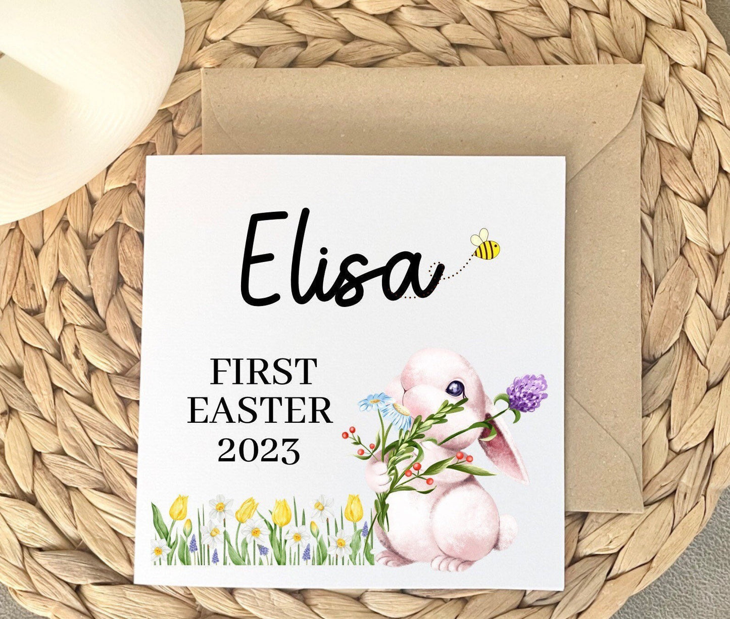 Baby First Easter 2024 card, Personalised Bunny Rabbit for Granddaughter, Niece or Friends Baby’s First Easter
