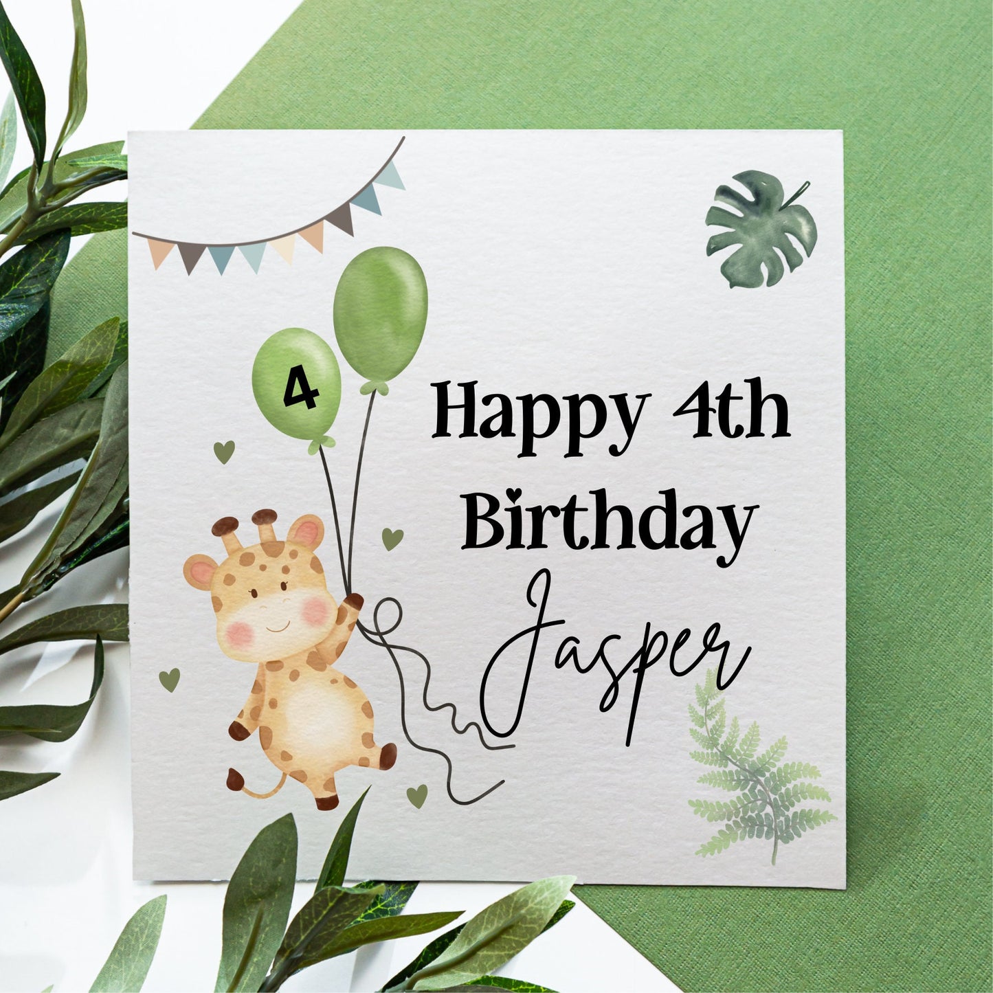 Safari birthday card, children birthday card, giraffe balloon age card, personalised toddler jungle bday cards, son, grandson, nephew cards