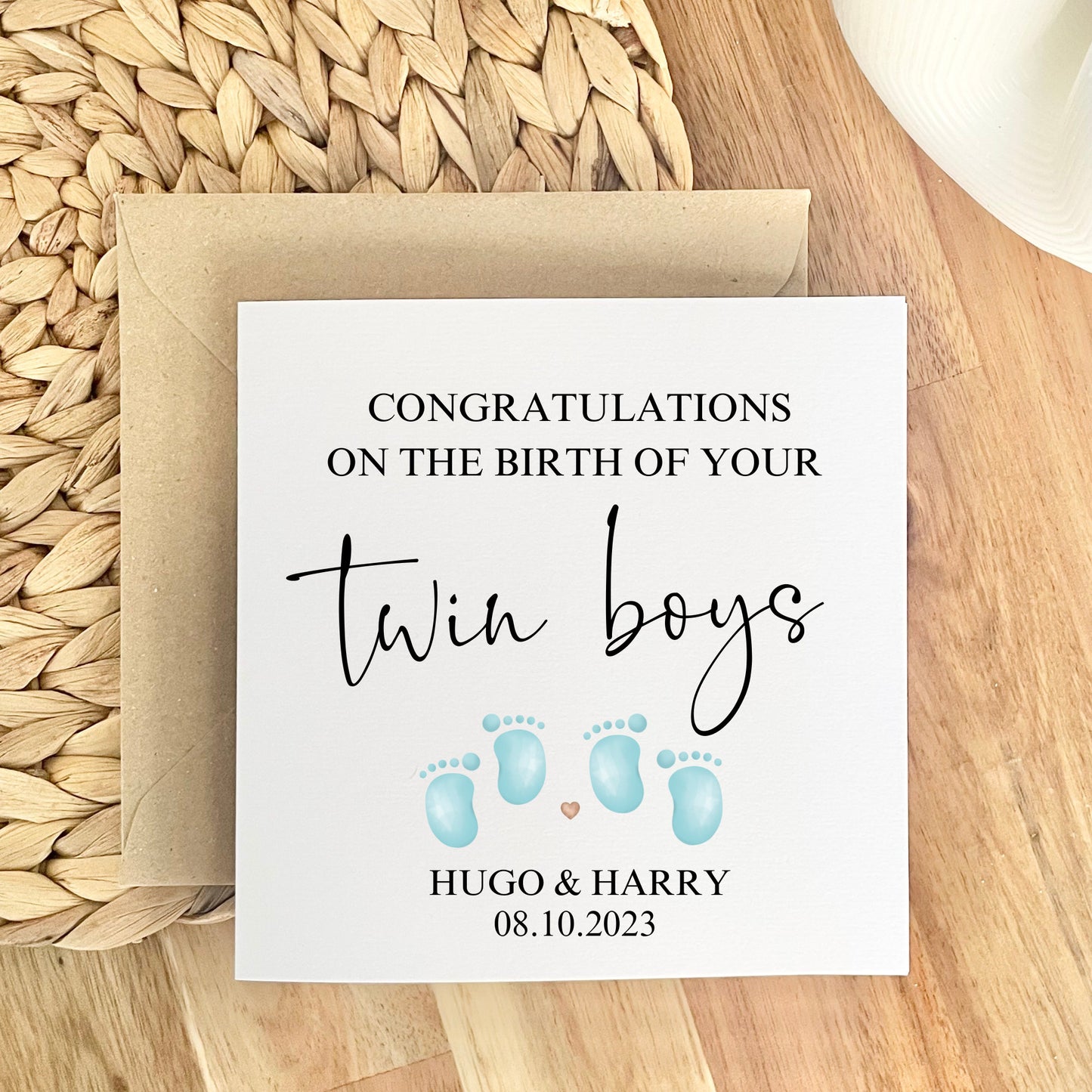 Congratulations on birth of your twin boys, personalised baby twin sons card, congrats on twin babies, daughter & son in law having twins