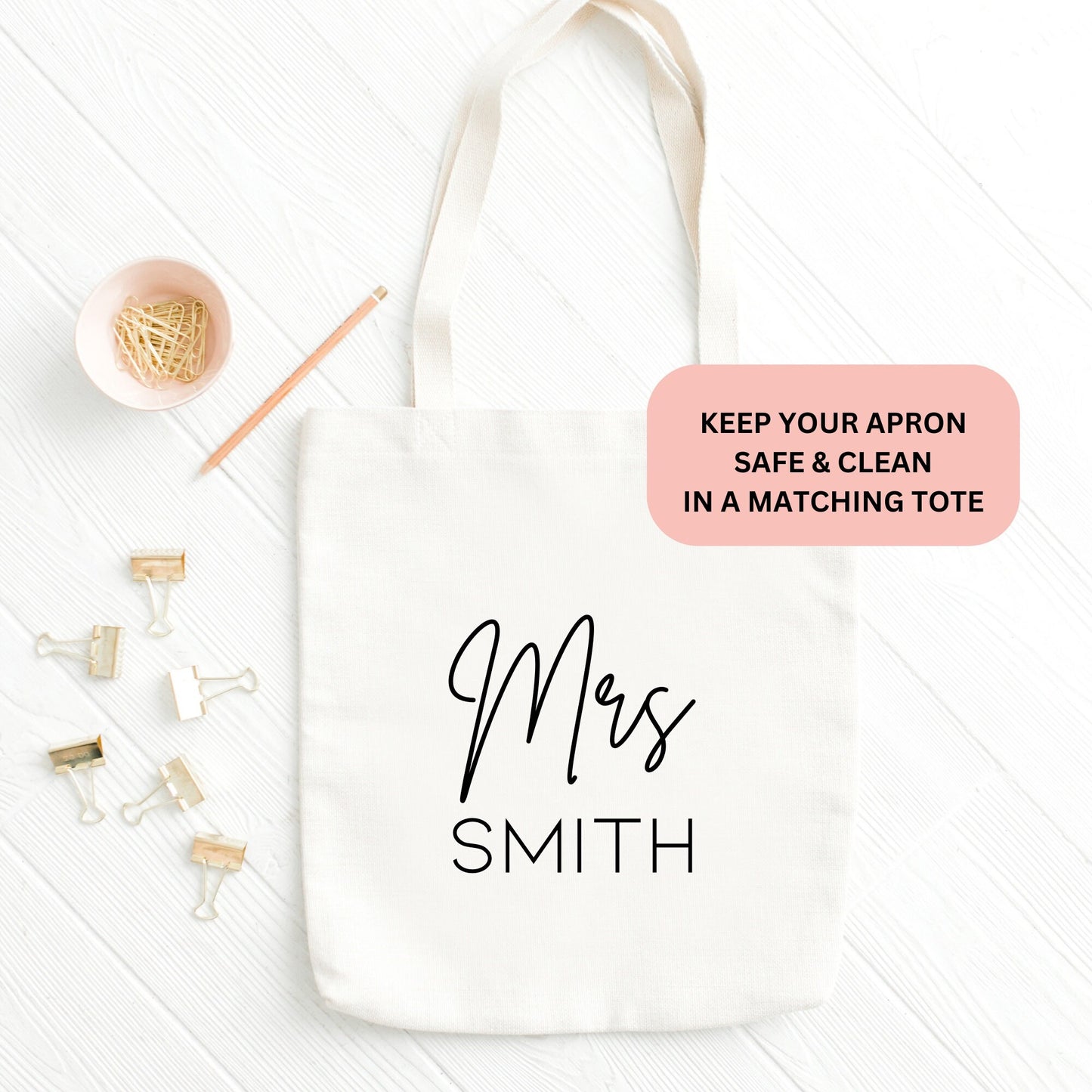 Wedding Day Apron, Personalised White Apron for Bride, Apron for First meal as Mr & Mrs, Wedding Dress Cover and Matching Tote Bag