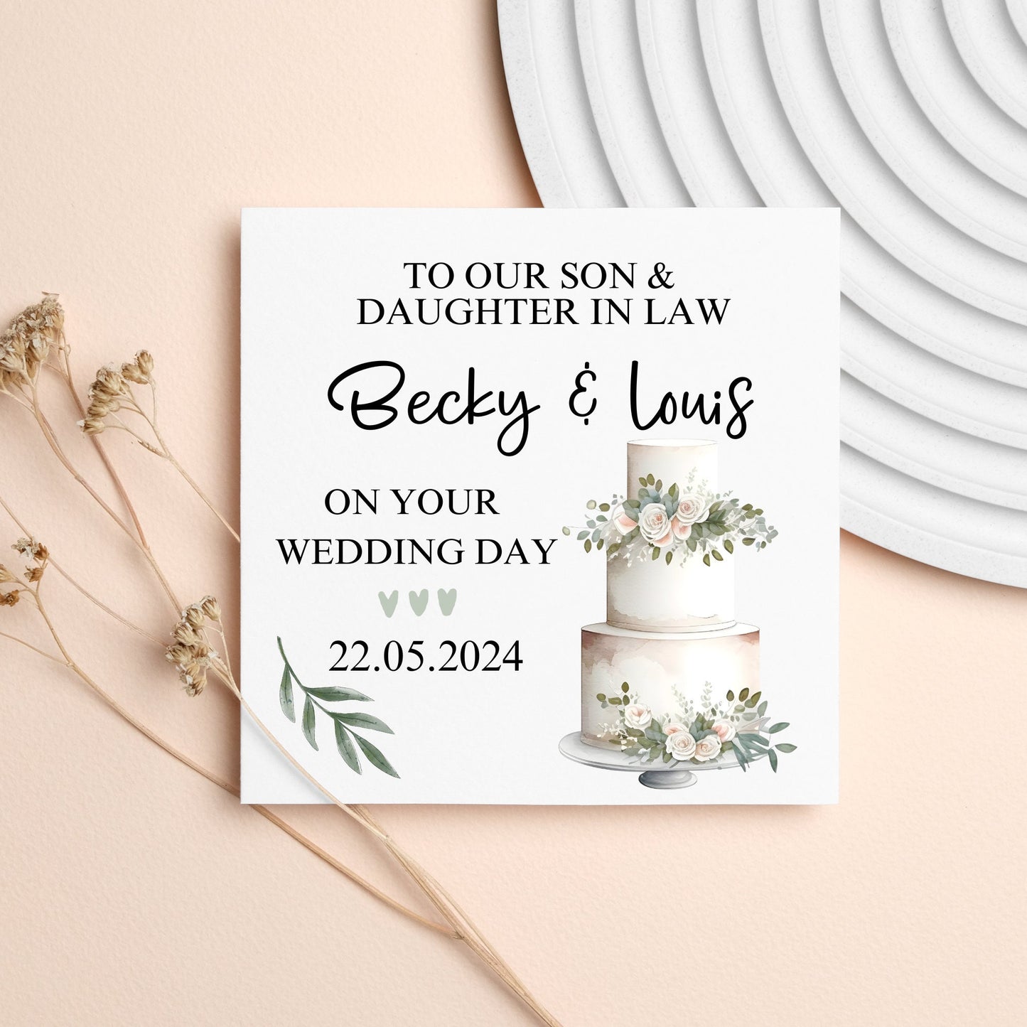To Daughter and Son in law on Wedding Day Card, Personalised Wedding day card, Wedding Cake Card, Sage Green and Eucalyptus Wedding
