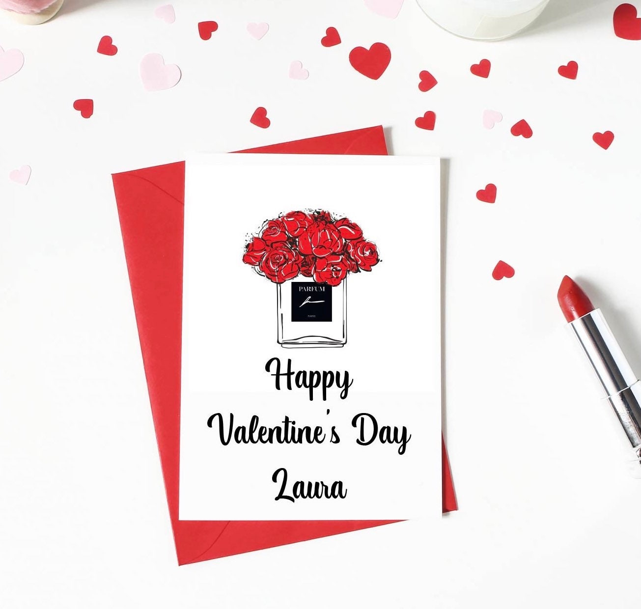 Happy valentines card, personalised Valentine’s Day card, wife or girlfriend card, red rose card, perfume bottle roses, romantic cards