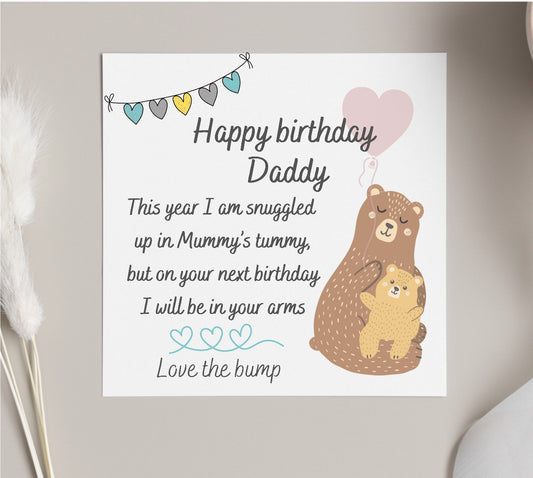 Happy birthday daddy to be from the baby bump, bear hugs from bump, birthday card to expectant dad from baby
