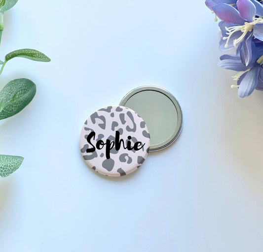 leopard print compact mirror, personalised animal print pocket mirror,Christmas stocking fillers,friend birthday gift,colleague secret santa