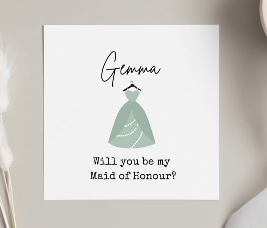 Sage green bridesmaid dress proposal card, will you be my maid of honour, green wedding colour scheme