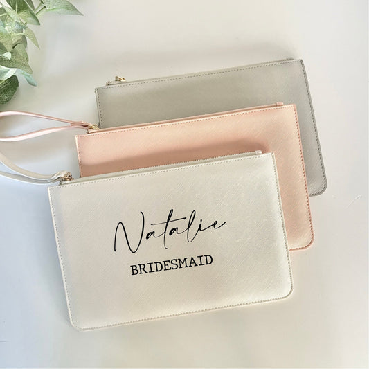 Bridesmaid pouch, bridesmaid proposal gift, personalised leatherette clutch wristlet bag, maid of honour gifts