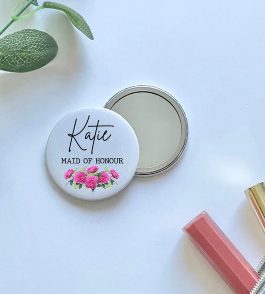 Bridesmaid pocket mirror, pink floral compact mirror for bridesmaid or maid of honour proposal gifts, bride tribe gift box fillers