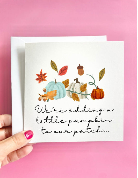 Pregnancy announcement card, baby news cards, adding a pumpkin to our patch, autumn baby reveal card, card for baby scan photo