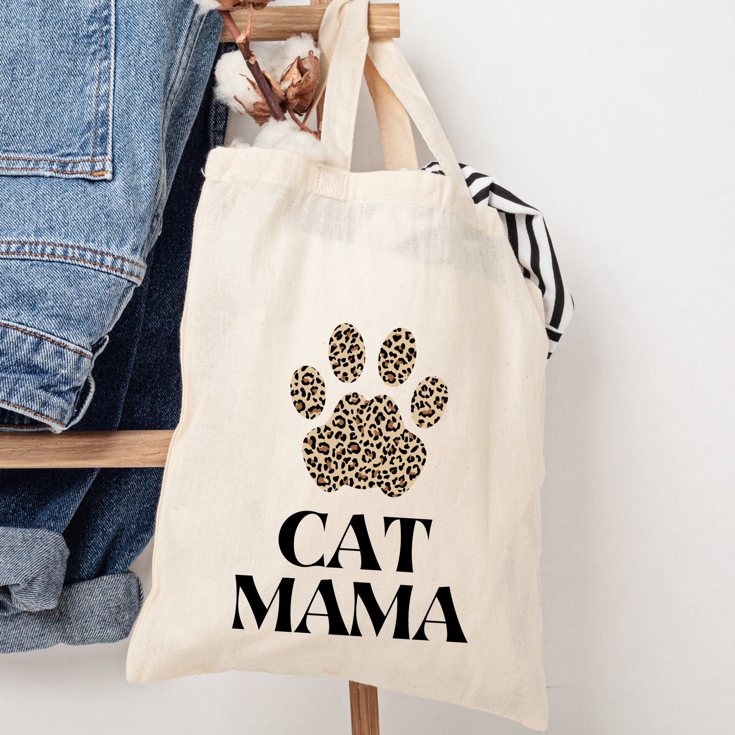 Cat Mama tote bag, Leopard print paw, Christmas gift cat mum, reusable cotton canvas shopping bag, Christmas gift for cat owners